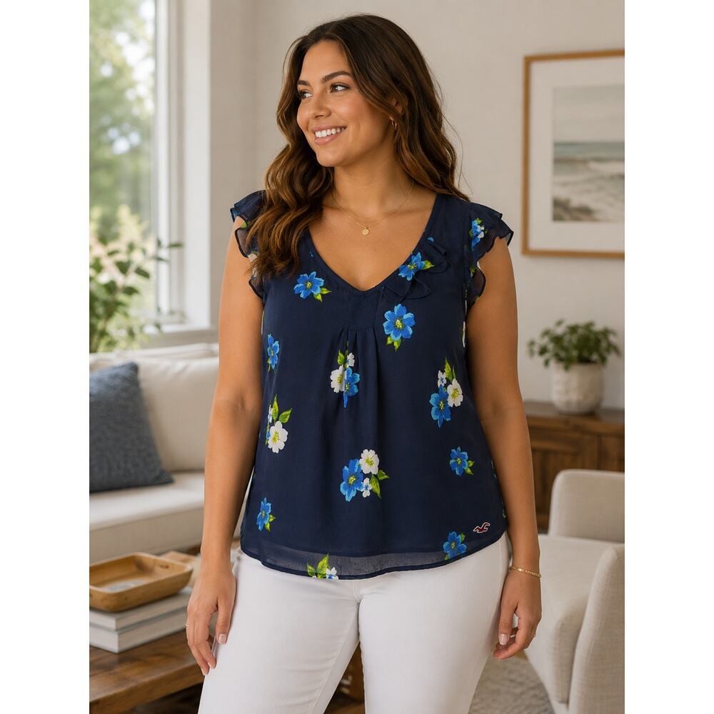 Hollister Sheer Blue Floral Blouse Large EUC Whimsigoth Coquette Top